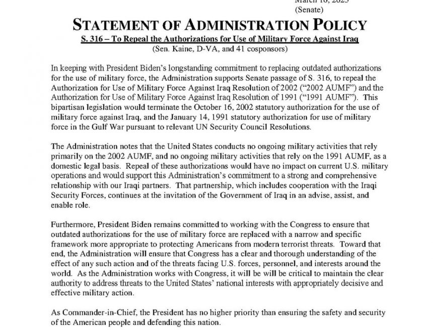 US-Präsident Biden signalisiert seine Unterstützung für den Gesetzentwurf zur Aufhebung der Genehmigungen für den Einsatz militärischer Gewalt gegen den Irak